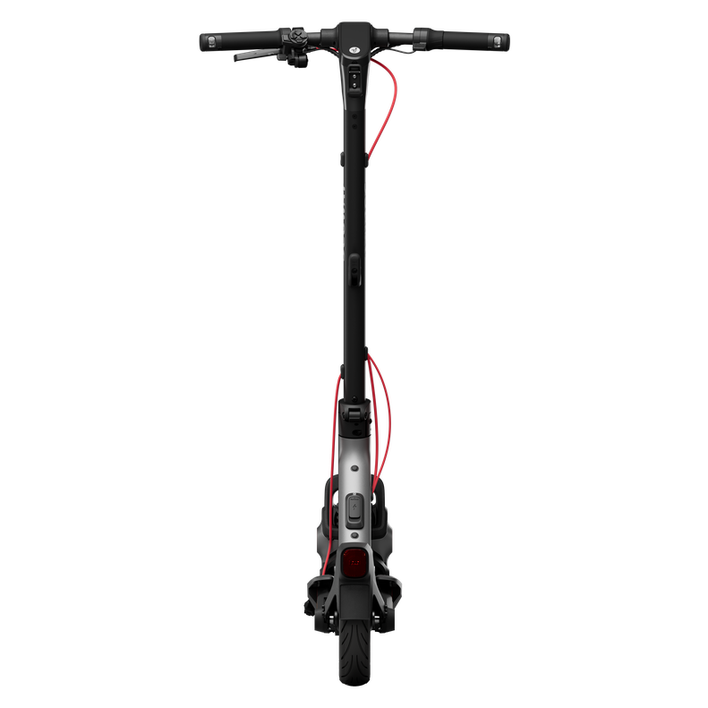 Straight rear view of the Segway Ninebot F3 with its rear light and wheel