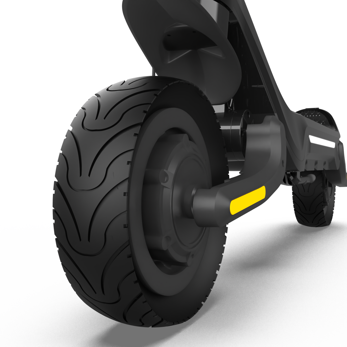 Voltrium Ion MAX Dual Motor electric scooter front tyre tread and motor wheel.
