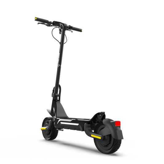 Voltrium Ion MAX Dual Motor electric scooter complete scooter viewed from behind with its rear light and raised footrest.