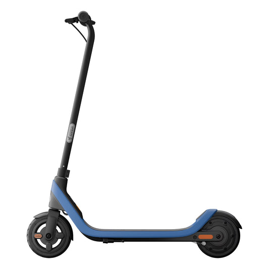 Blue Segway Ninebot C2 Lite kids electric scooter in side profile on a solid white background.