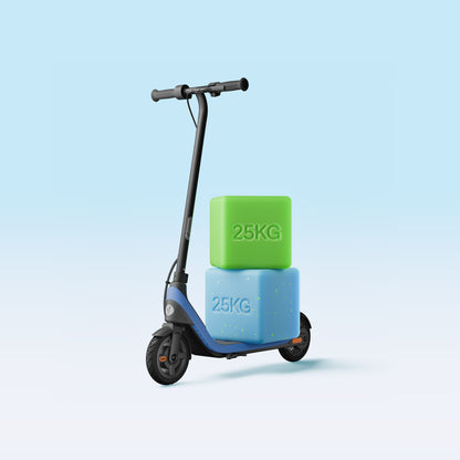 Manufacturer illustration showing the Segway Ninebot C2 Lite with weights representing its rider load.