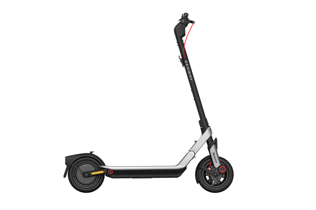 Side profile of the Segway Ninebot E3 Pro with its deck and 10-inch wheels