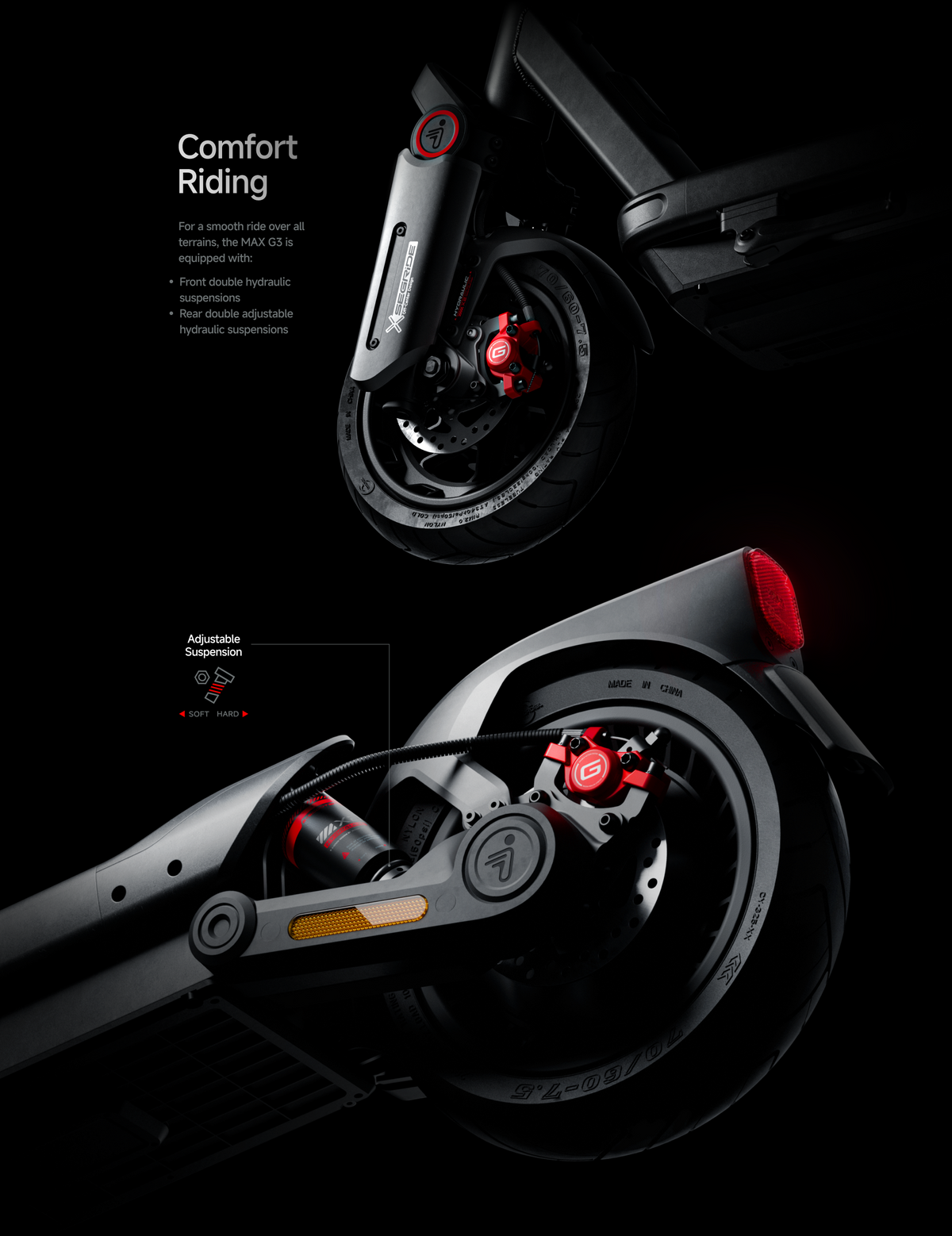Segway MAX G3 front and rear hydraulic suspension features