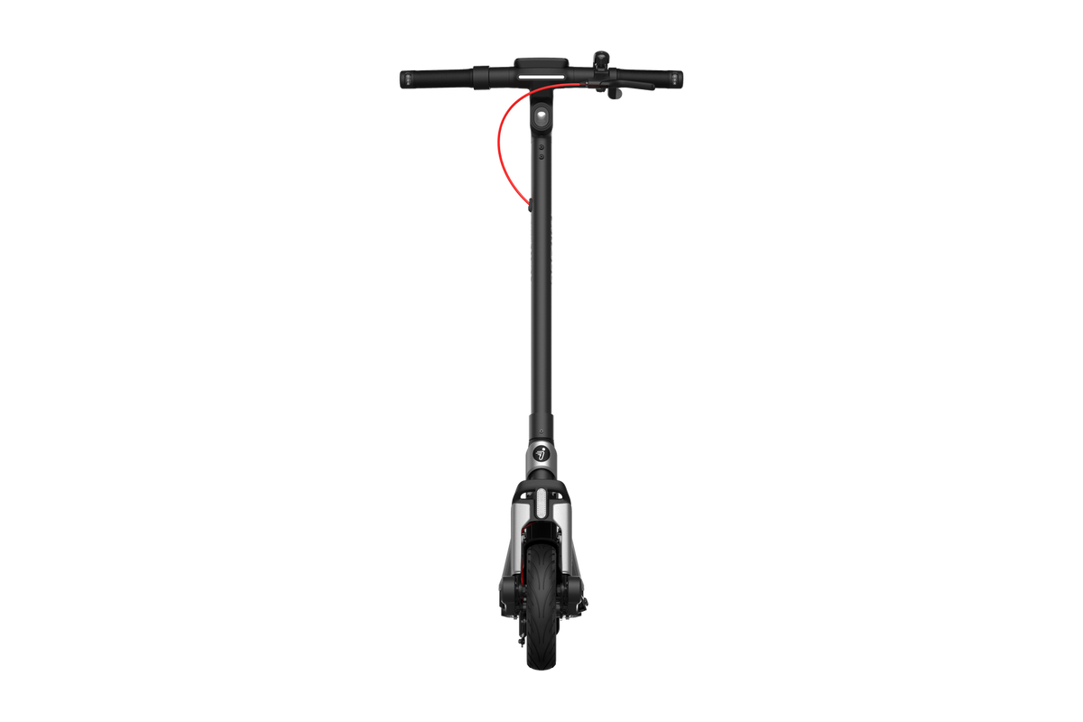 Front view of the Segway E3 Pro handlebars, stem and front tyre
