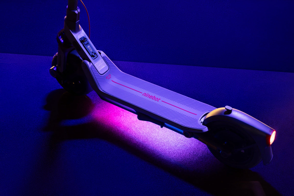 Segway E3 Pro deck with purple RGB ambient lighting