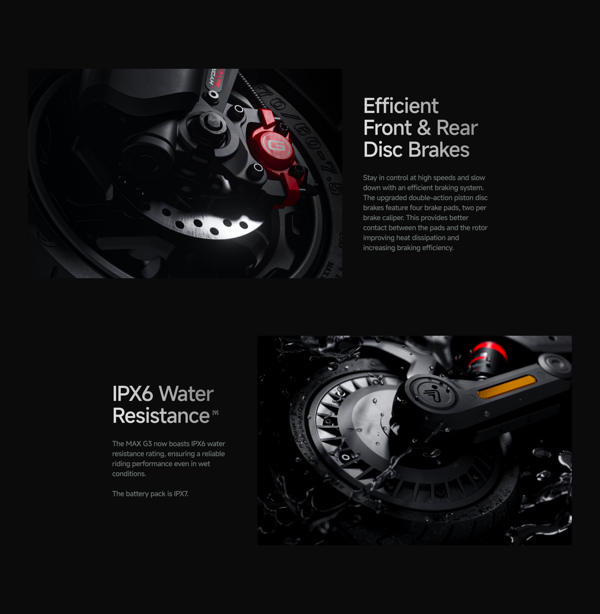 Segway MAX G3 front and rear disc brakes and IPX6 water resistance illustration