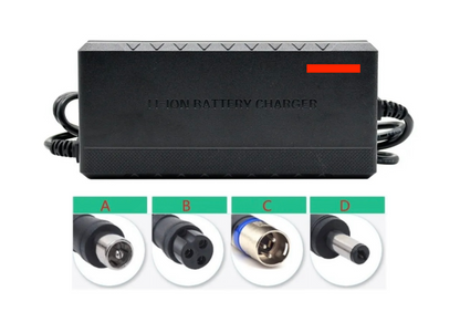 Reference image from the standard 2A charger listing: smooth black charger housing, red indicator and four connector examples.