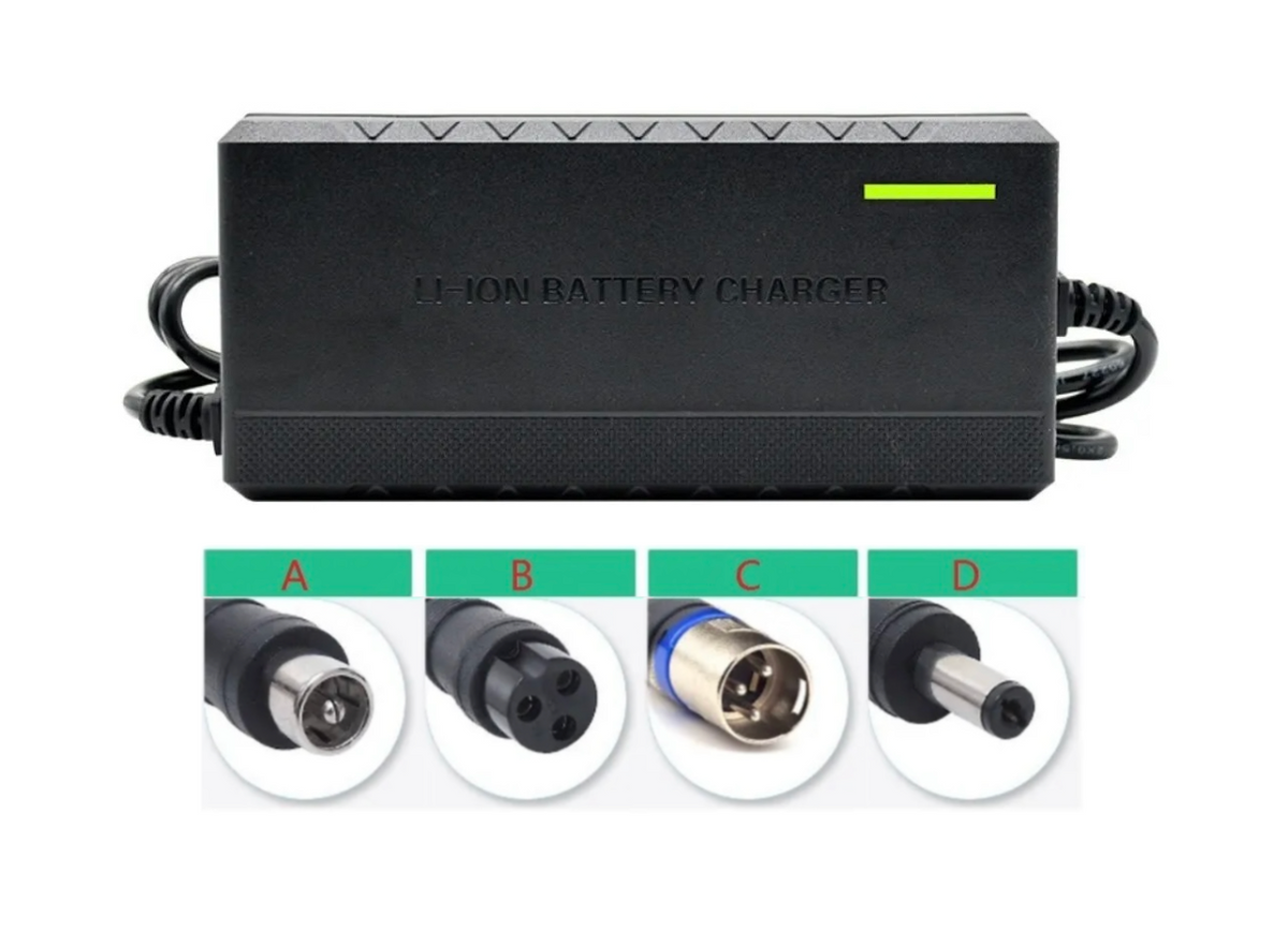 Reference image from the standard 2A charger listing: smooth black charger housing, green indicator and four connector examples.