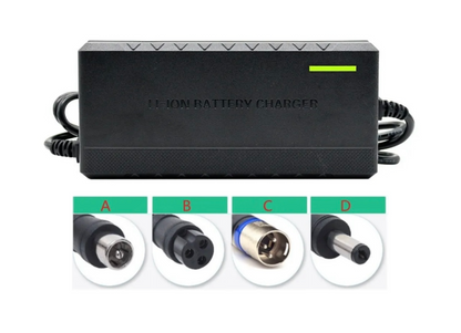 Reference image from the standard 2A charger listing: smooth black charger housing, green indicator and four connector examples.