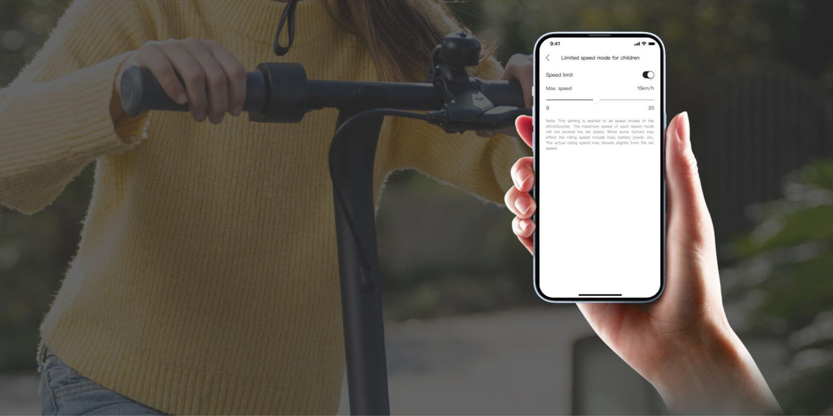 Phone beside the C2 Pro handlebar showing parental speed settings