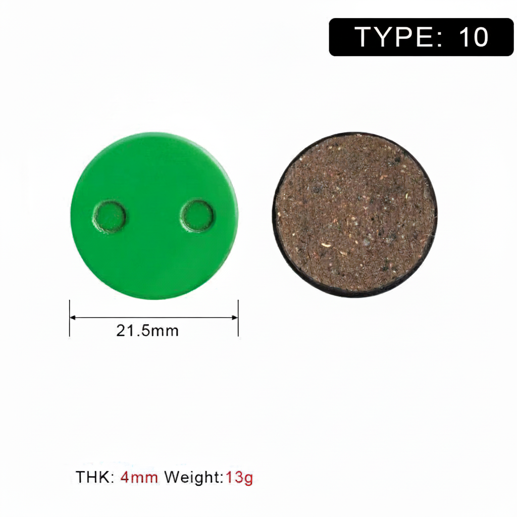 Type 10 round brake pad dimension diagram showing a 21.5 mm diameter.