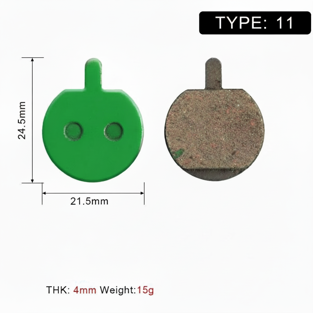 Type 11 round-tail brake pad dimensions: 21.5 mm wide and 24.5 mm high.