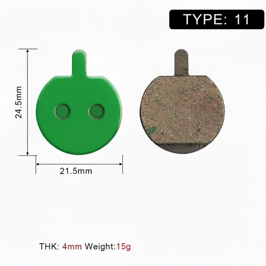 Type 11 round-tail brake pad dimensions: 21.5 mm wide and 24.5 mm high.