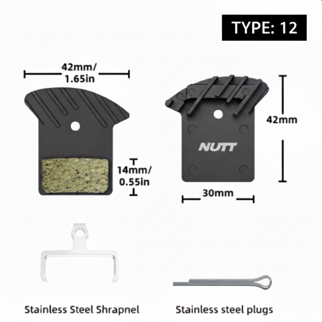Type 12 NUTT cooling-fin brake pad dimension diagram showing 30 mm body width, 42 mm fin width and 42 mm height.