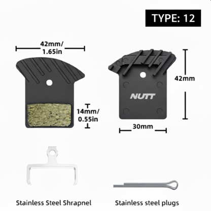 Type 12 NUTT cooling-fin brake pad dimension diagram showing 30 mm body width, 42 mm fin width and 42 mm height.