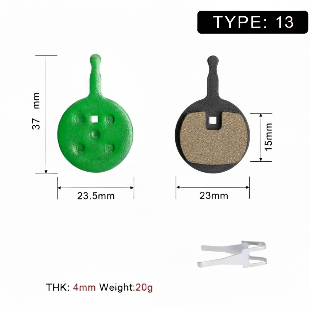 Type 13 round-tail brake pad dimensions: 23.5 mm wide and 37 mm high.