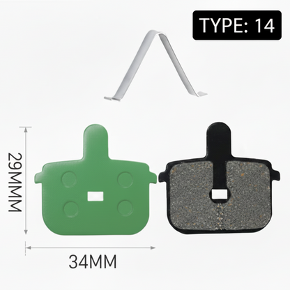 Type 14 slotted rectangular brake pad dimensions: 34 mm wide and 29 mm high.