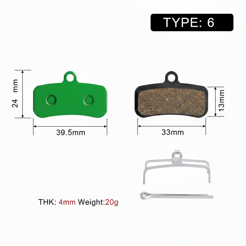 Type 6 rectangular brake pad dimensions: 39.5 mm wide and 24 mm high.