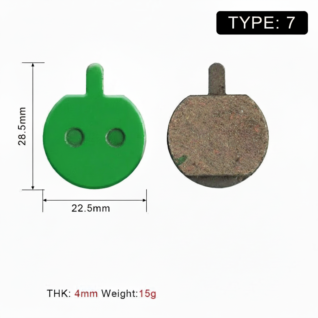 Type 7 round-tail brake pad dimensions: 22.5 mm wide and 28.5 mm high.