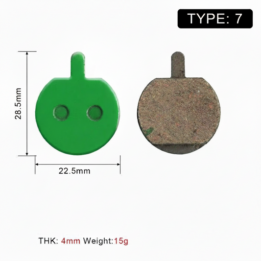 Type 7 round-tail brake pad dimensions: 22.5 mm wide and 28.5 mm high.