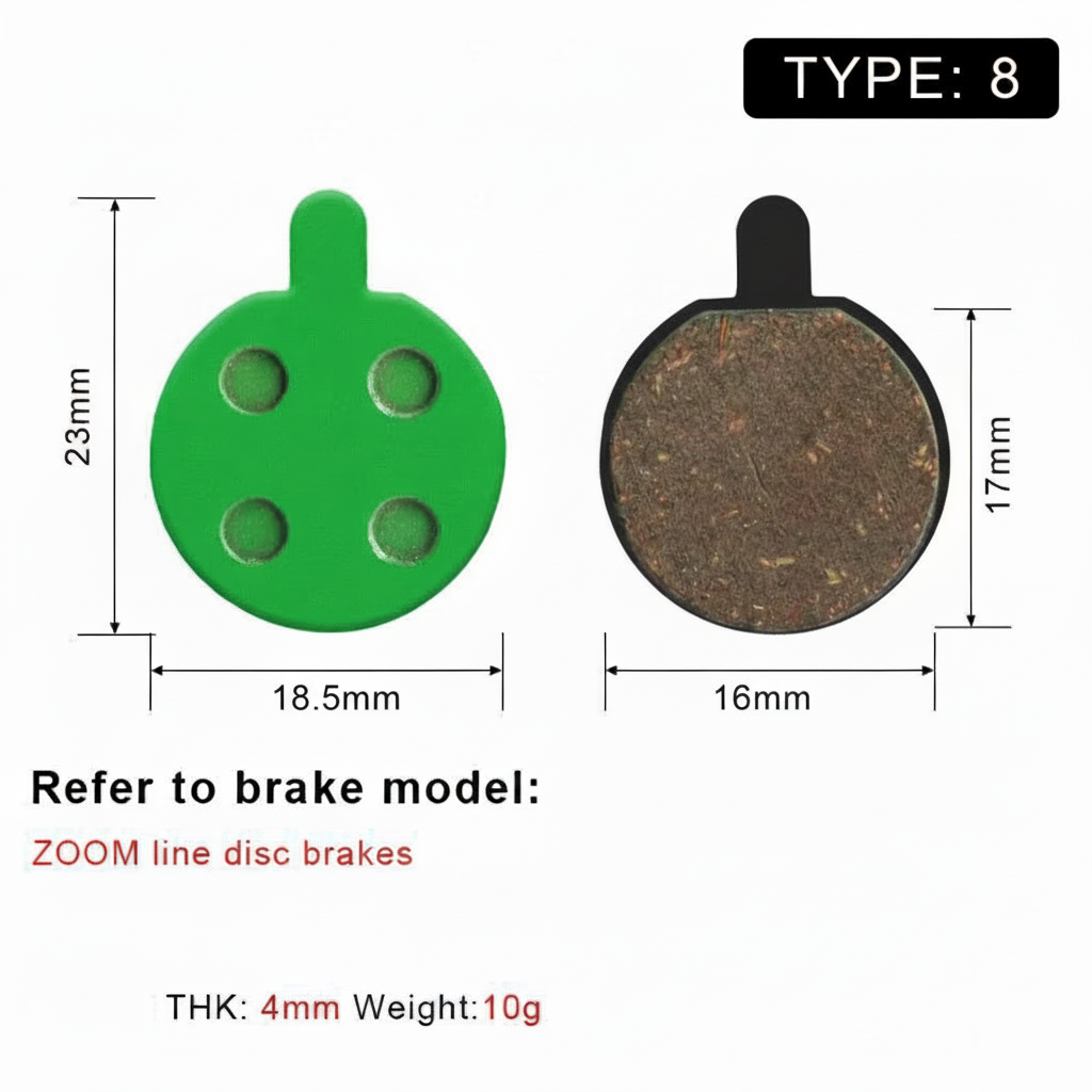 Type 8 round-tail brake pad dimensions: 18.5 mm wide and 23 mm high.