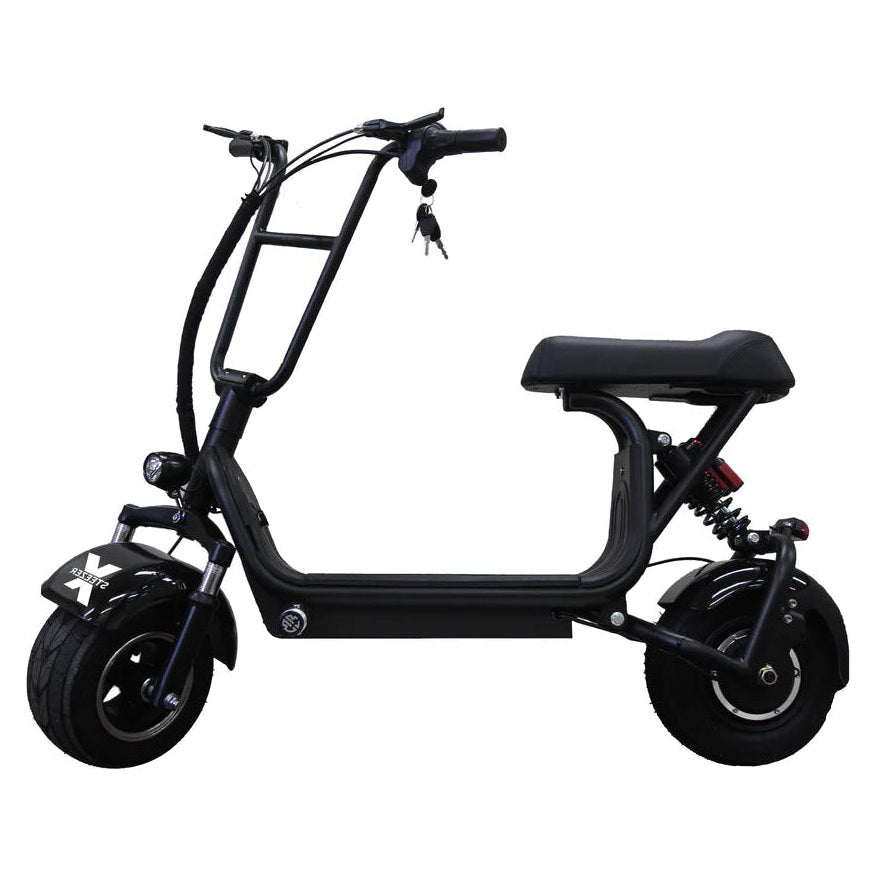 Kush Mini Steezer X seated electric scooter in black, with wide tyres and raised handlebars.