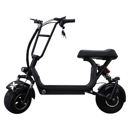 Kush Mini Steezer X seated electric scooter in black, with wide tyres and raised handlebars.
