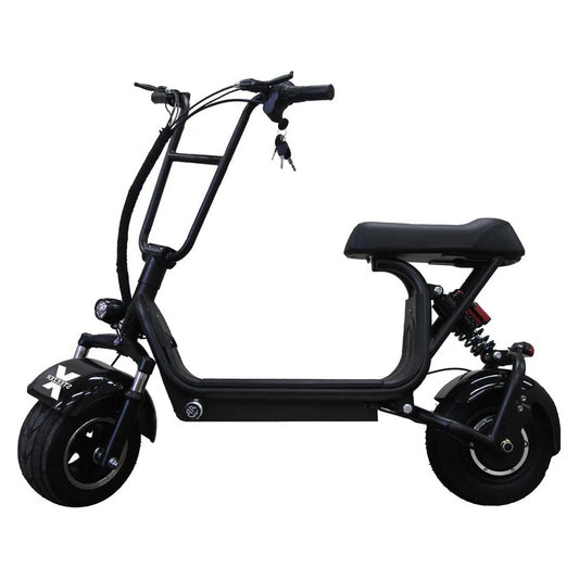 Kush Mini Steezer X seated electric scooter in black, with wide tyres and raised handlebars.