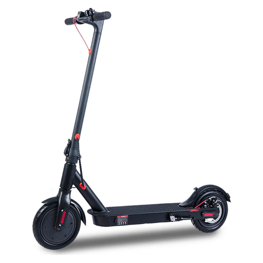 Redback Model S electric scooter shown from the front with its folding frame and black wheels.