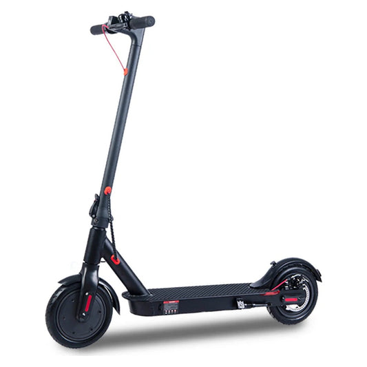 Redback Model S electric scooter shown from the front with its folding frame and black wheels.