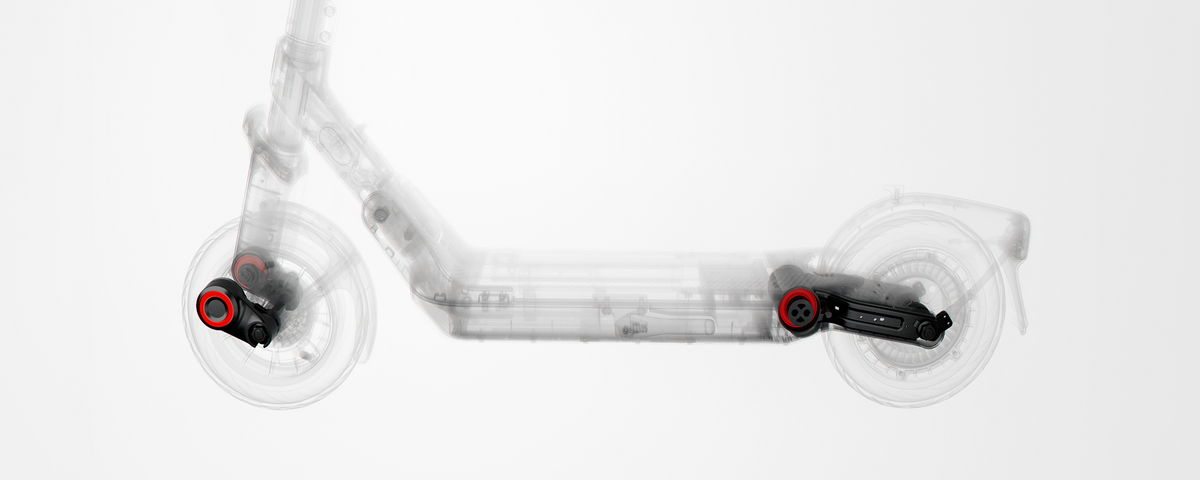 Segway E3 cutaway graphic highlighting front and rear elastomer suspension