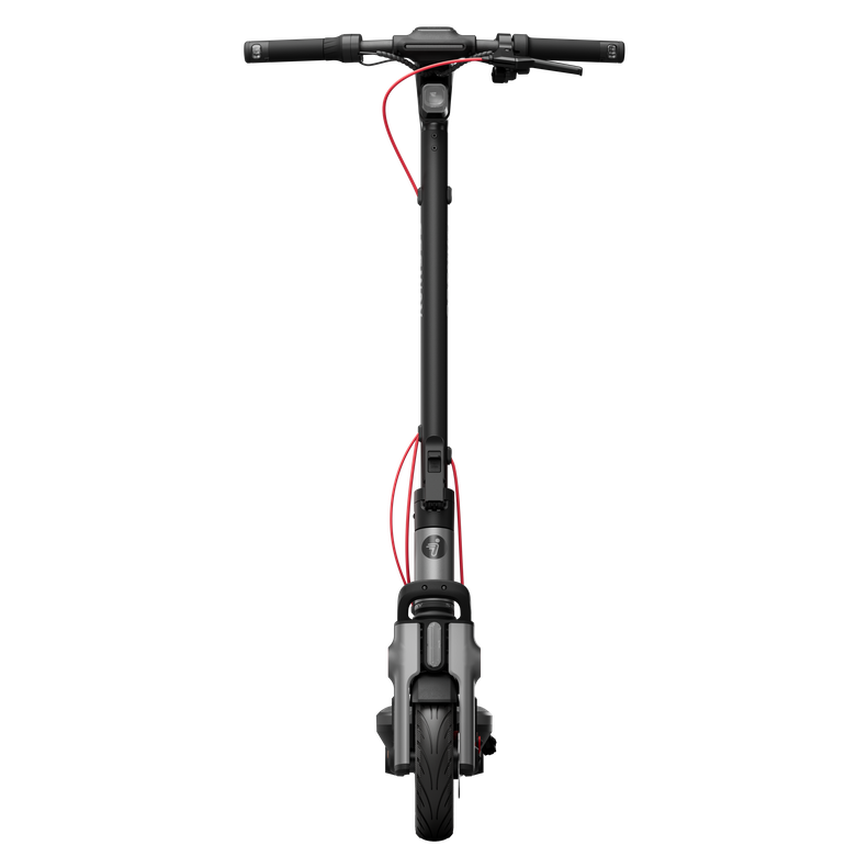 Straight front view of the Segway Ninebot F3 handlebars, stem and front wheel