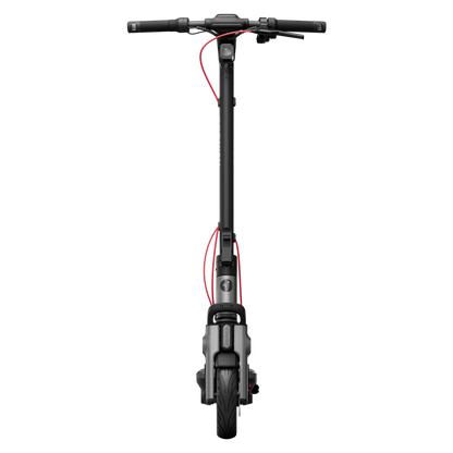Straight front view of the Segway Ninebot F3 handlebars, stem and front wheel