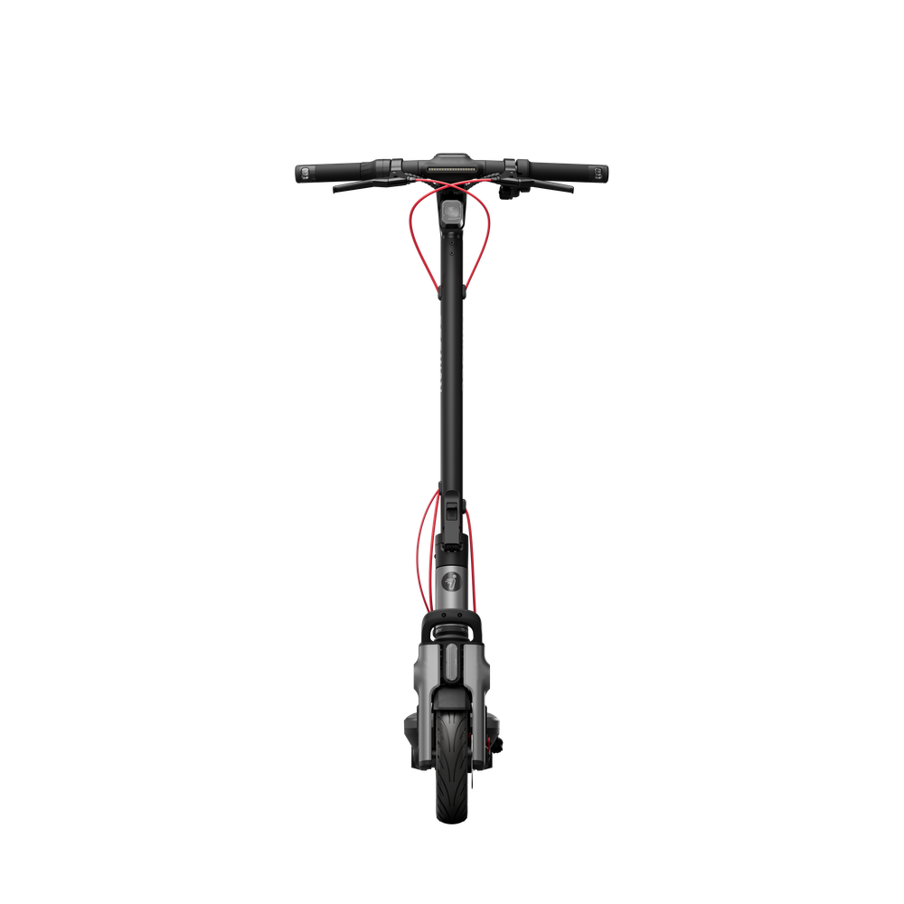 Straight front view of the Segway F3 Pro handlebars, stem and front wheel