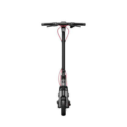 Straight front view of the Segway F3 Pro handlebars, stem and front wheel