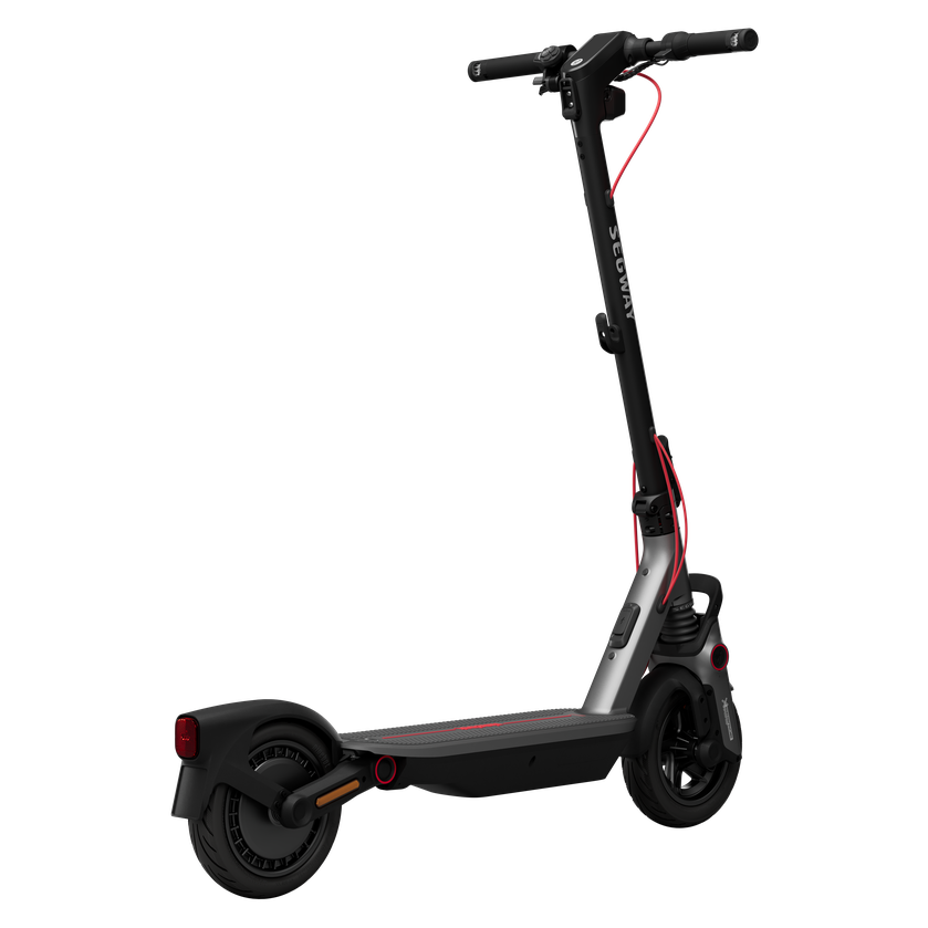Rear three-quarter view of the Segway Ninebot F3 showing its deck and rear wheel