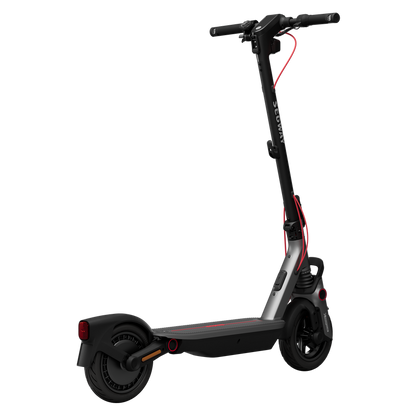 Rear three-quarter view of the Segway Ninebot F3 showing its deck and rear wheel