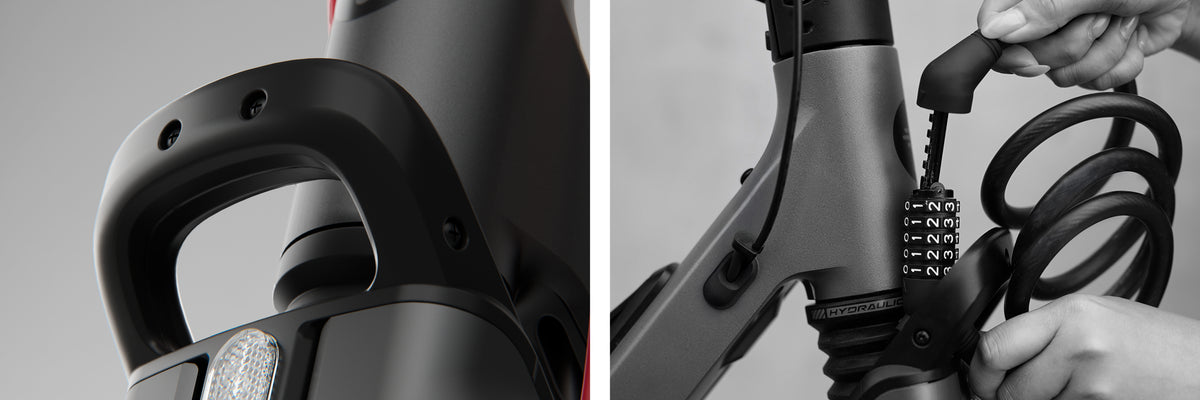 Segway F3 locking point shown with compatible locks, sold separately