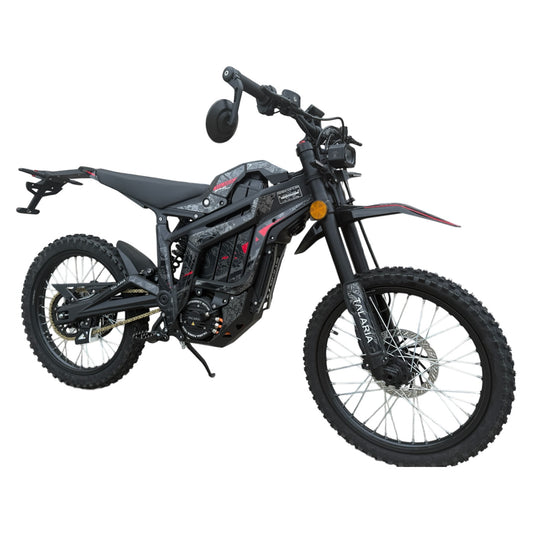 Talaria Sting PRO L1e TL5500 electric motorbike in black, showing its front wheel, headlight and road mirrors.