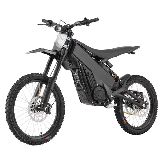 Talaria XXX PRO TL2500 electric dirt bike in black, showing its front wheel, headlight and compact frame.