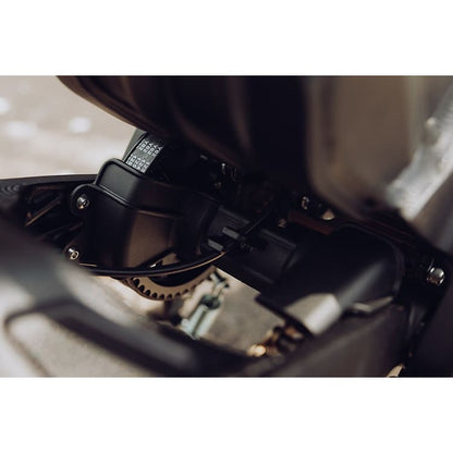 Talaria XXX PRO electric motor and belt-drive area.