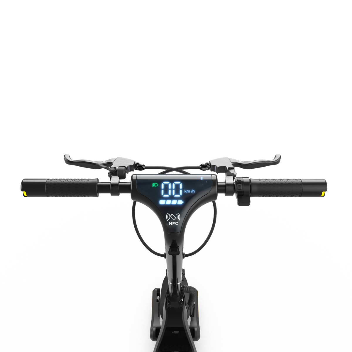 Voltrium Ion MAX Dual Motor electric scooter handlebars and illuminated digital display.