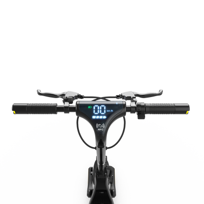 Voltrium Ion MAX Dual Motor electric scooter handlebars and illuminated digital display.
