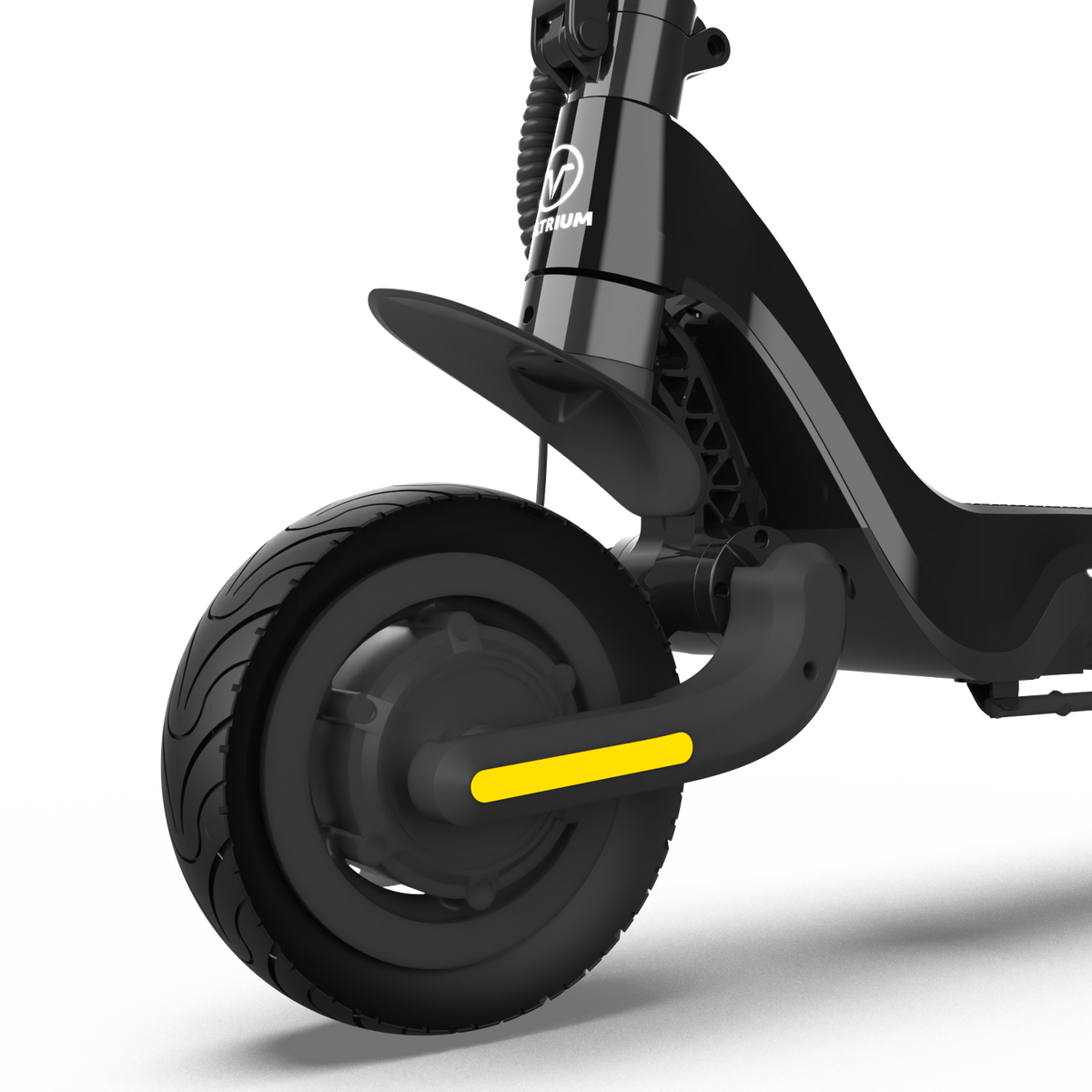 Voltrium Ion MAX Dual Motor electric scooter front motor wheel, mudguard and yellow reflector.