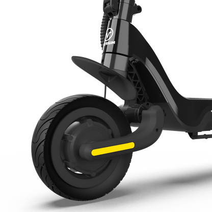 Voltrium Ion MAX Dual Motor electric scooter front motor wheel, mudguard and yellow reflector.