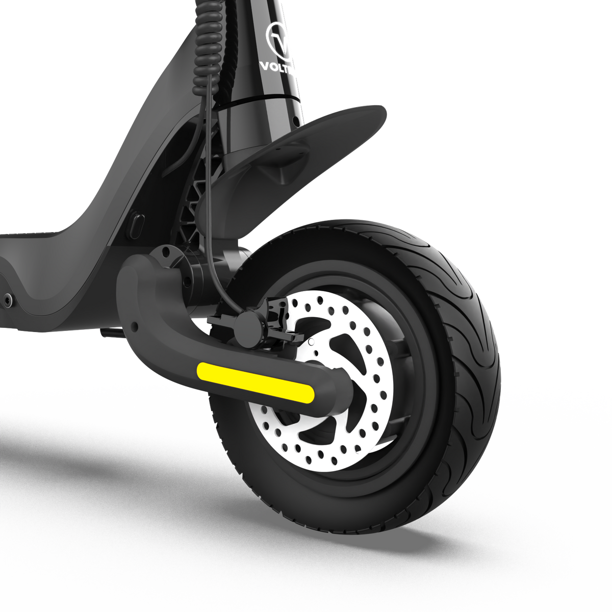 Voltrium Ion MAX Dual Motor electric scooter close-up of the rear disc brake and tyre.