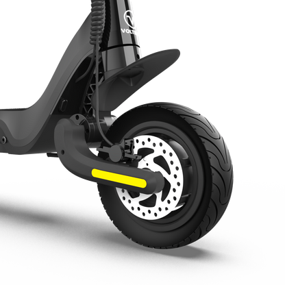 Voltrium Ion MAX Dual Motor electric scooter close-up of the rear disc brake and tyre.