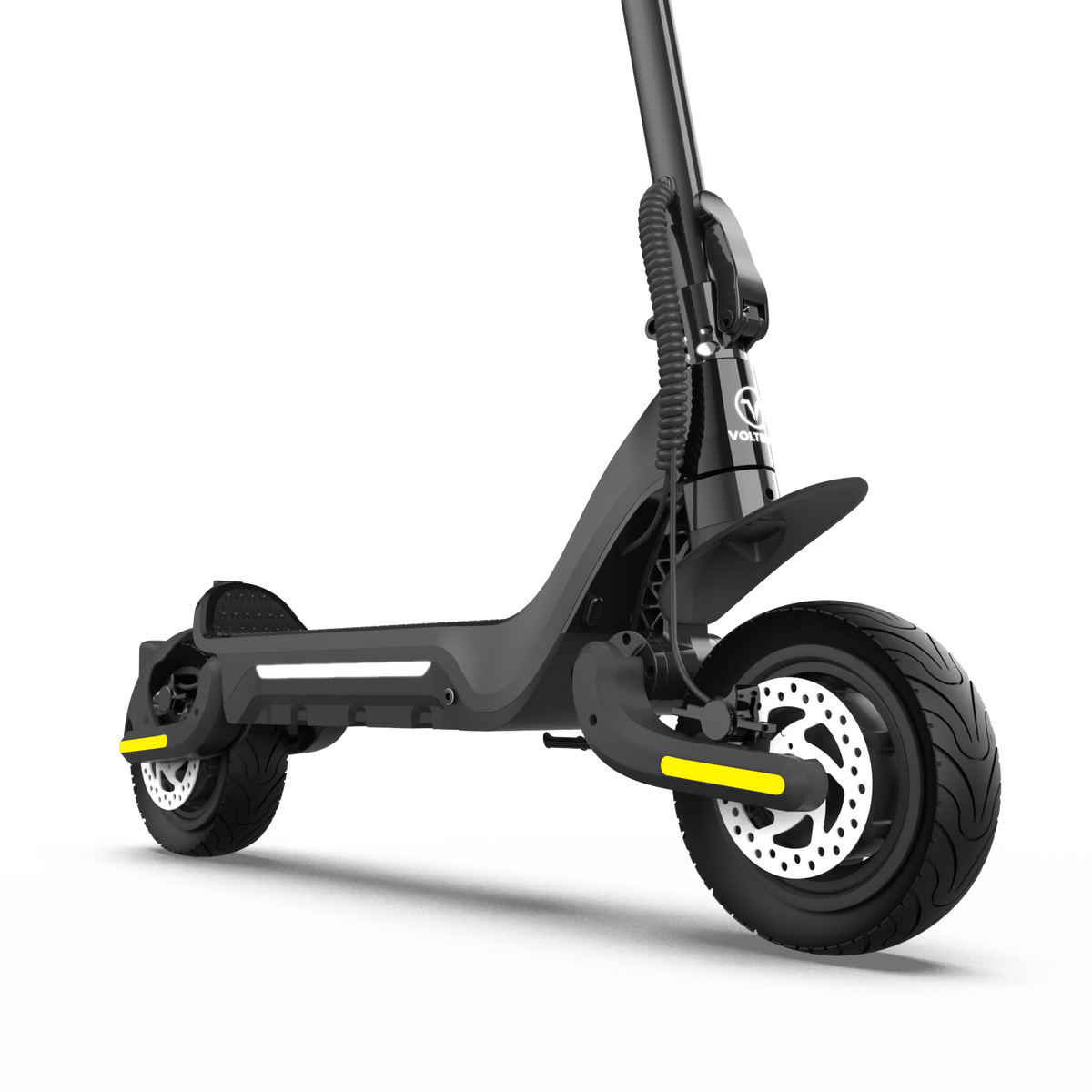 Voltrium Ion MAX Dual Motor electric scooter rear three-quarter view showing its deck and rear disc brake.