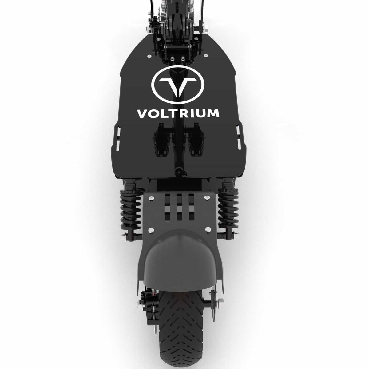 Voltrium Rogue Dual Motor MAX electric scooter overhead view of its branded deck and rear wheel.