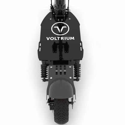 Voltrium Rogue Dual Motor MAX electric scooter overhead view of its branded deck and rear wheel.